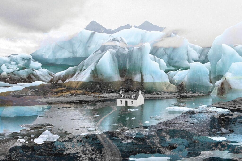 Peinture d'une maison au pied de glaciers. Oeuvre de Sophie Roy